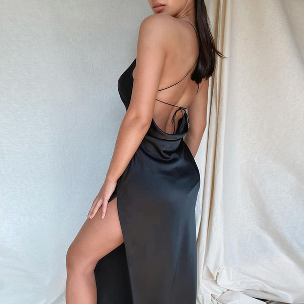 Satin Maxi Dress Women Sexy Black Backless Split Party Dresses Off Shoulder V Neck