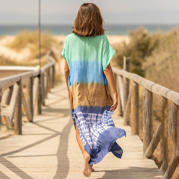 Women's Cotton Tie-dyed Beach Robe Loose Long Dress