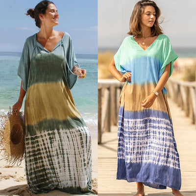 Women's Cotton Tie-dyed Beach Robe Loose Long Dress